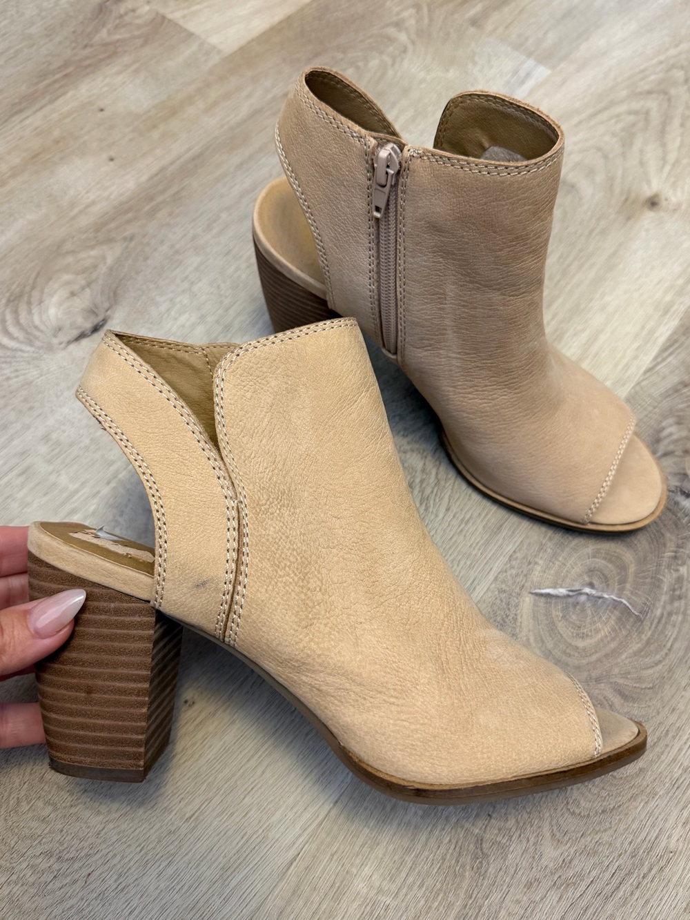 Lucky Brand Jubai Beige Tan Peep-Toe Block Heel Booties
